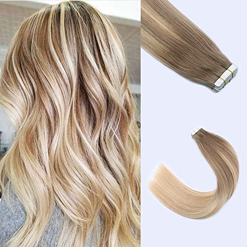 Lovrio 20" 20 Pcs 50g Tape in Human Hair Balayage Ash Brown/Light Chestnut Brown Fading to Dirty Blonde and Platinum Blonde B8-18-60 Silky Straight Hair