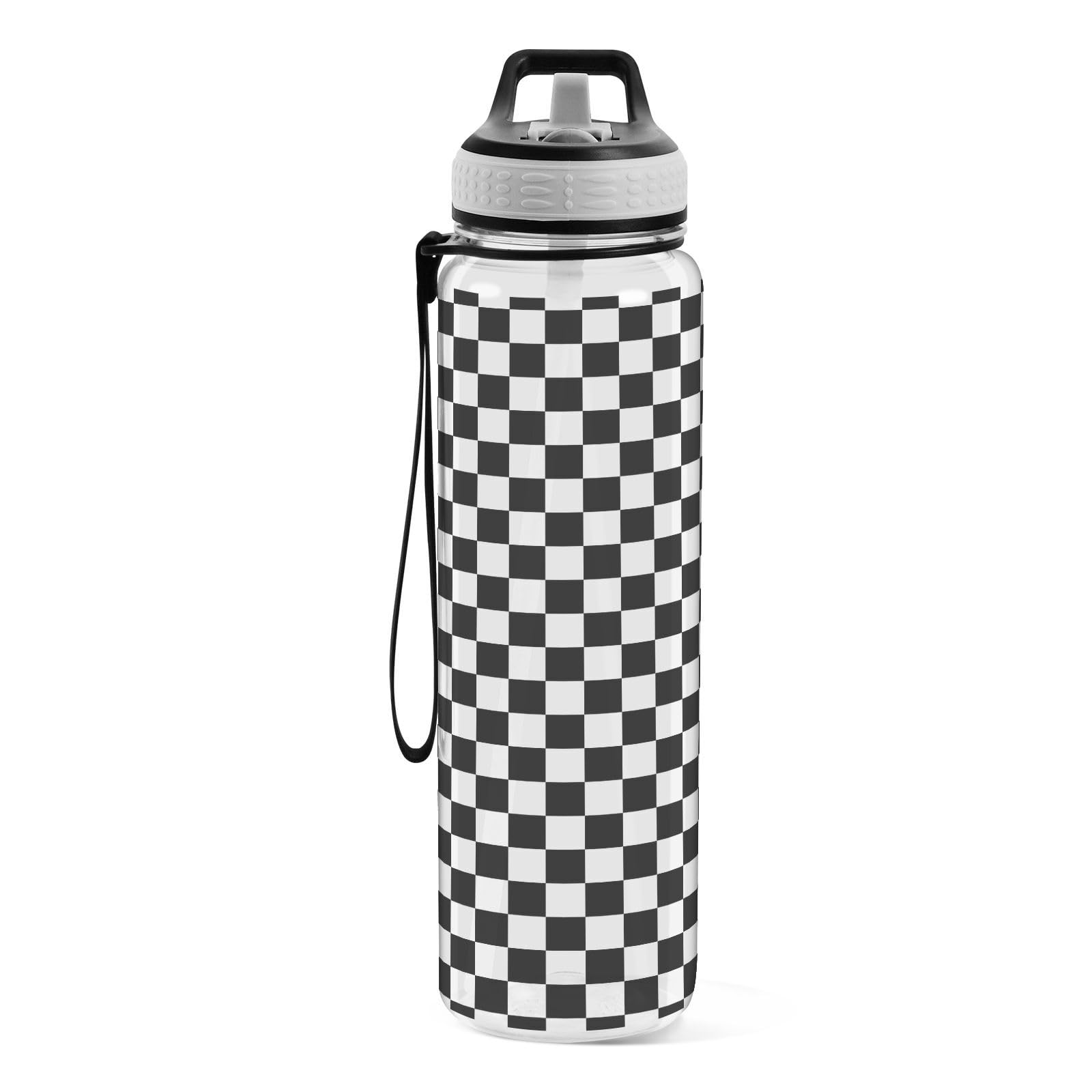 Mnsruu Sports Water Bottle Black White Checkered Pattern Tritan Drinking Bottle with Straw Large 1000ml BPA-Free Clear Leakproof for Kids Boys Girls Women Men Gym School