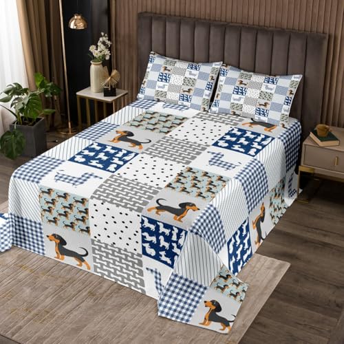 Cartoon Dachshund Coverlet Set - Cute Puppy Dog Bedspread - Geometric Plaid Sausage Dog Quilted Coverlet for Boys Girls Children Teens - Blue Quilted King Size