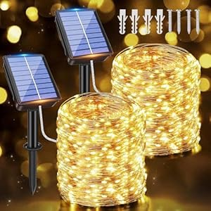 Ollny Solar Fairy Lights Outdoor, 2 x 15 m 150 LED Fairy Lights Outdoor Solar, 8 Modes IP65 Waterproof Copper Wire Fairy Lights Outdoor for Garden Balcony Patio Tree Yard Party (Warm White)