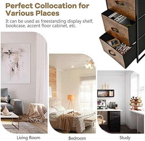 COSTWAY 2/3-Drawer Dresser, Fabric Chest of Drawers with Wooden Top and Front, Metal Frame Storage Cabinet Tower Organizer Unit for Bedroom Living Room Hallway (3 Drawers+3-Tier Tall Shelf, Brown)