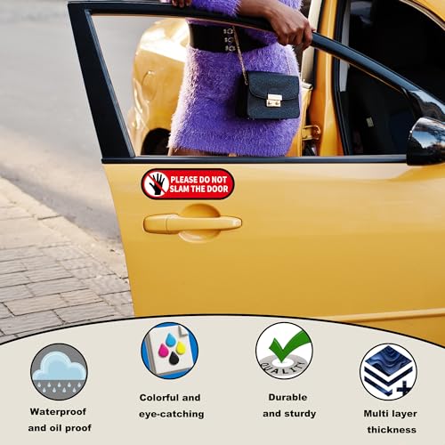 Image of 2 PCS Please Do Not Slam Door Sign Stickers, Waterproof and UV Resistant Close Gently Sign for Van Car SUV Taxi Driver Window (Large Size), 7.1*2.4IN, Red-M