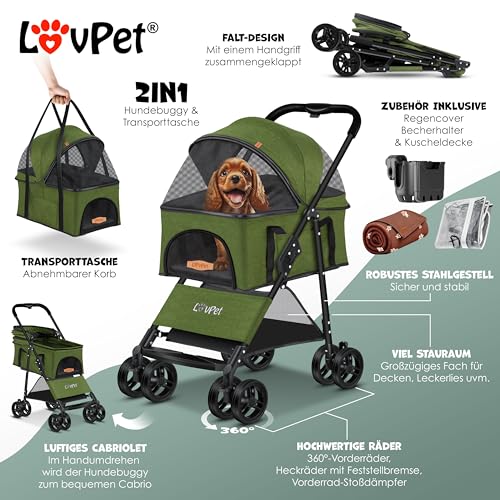 LOVPET® Hundewagen 2in1 Hundebuggy Hundebox Tragetasche Faltbar klappbar bis 20kg, mit 360°Drehrädern Inkl. Netzfenstern Getränkehalter, Regenschutzabdeckung & Kuscheldecke, Jogger Buggy für Haustiere