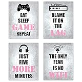 Video Game Themed Gamer Wall Art Posters Home Decor Black, White, Grey and Pink Gaming Bedroom...