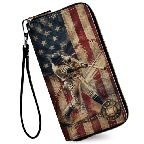 Image of Women's Wallets Credit Card Holder Money Leather Long Wallet | Long wallet with Wristlet,Large Capacity with Zip-Around Phone Purse for Women Ladies Girls,Baseball American Flag