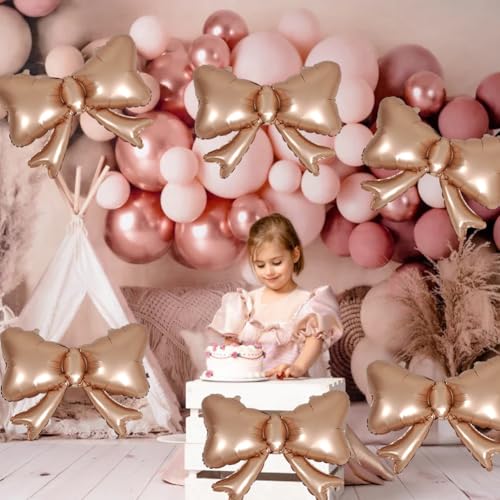 Image of 6 Pieces Bow Balloons, Rose Gold Matte Metallic Foil Bow Balloon for Women Girls Bowtie Theme Birthday Party, Baby Shower, Wedding, Bridal Shower, Balloon Garland Accessories