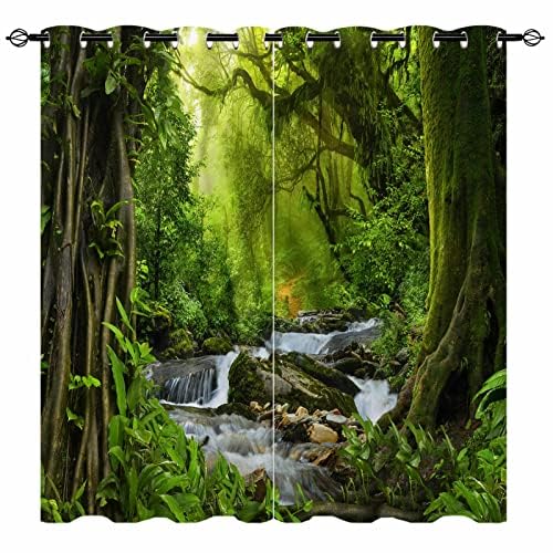 YUANZU Forest Curtains - Nature Tropical Jungle River Rainforest Waterfall Scenery Print Pattern Eyelet Blackout Room Darkening Window Drapes for Bedroom Living Room 2 Panels W140cm x D245cm