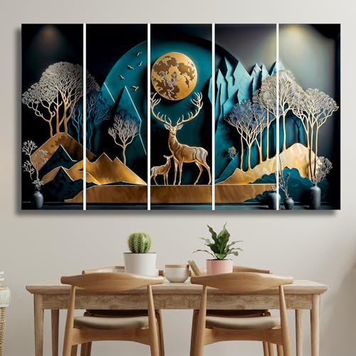 Image of Vastu Golden Deer with Moon Wall Painting Set of 5 | MDF Wall Art with Sparkle Laminated Finish | Big Size Wall Painting for Living Room & Bedroom | Elegant Wall Decor for Home & Office
