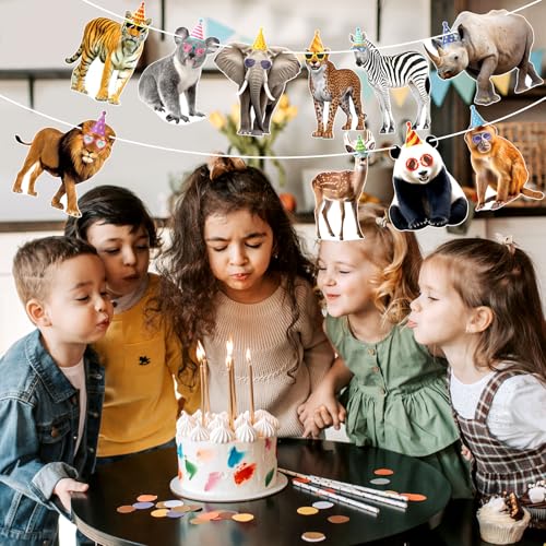 Image of Hooqict Safari Animals Happy Birthday Banner Animal Birthday Decorations Party Animal Banner Garland Sign for Jungle Theme Decorations Kids Wild Zoo Party Supplies