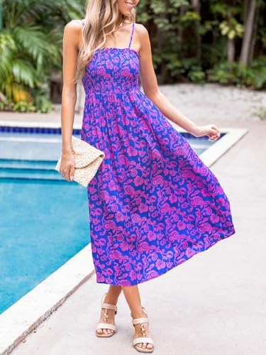 Image of CUPSHE Women Spaghetti Straps Boho Maxi Dress Summer Sleeveless Smocked Floral Beach Long Dress Flowy Cruise Vacation Outfits
