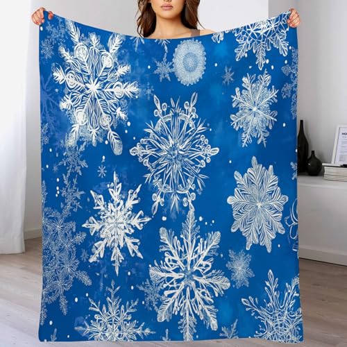 GSAEIMCT Überwurfdecke Weihnachts-Flanelldecke Blau Weiß Linie Schneeflocken Für Erwachsene,Tagesdecke Sofadecke 3D-Druck Cartoon-Illustration Fleecedecke,Sofa,Couch,Schlafzimmer 130X150Cm