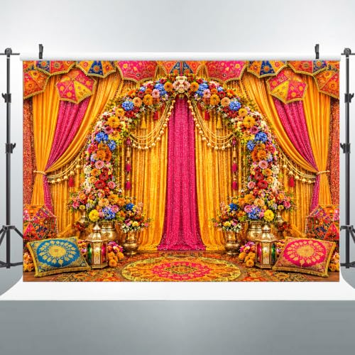 Image of India Wedding Backdrop, Traditional Haldi Mehndi Pooja Decorations, Colorful Marigold Floral Bridal Shower Fabric Photography Background wall Decor Props 7x5FT