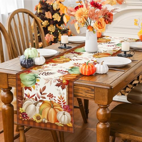 Bonhause Orange Pumpkins Fall Table Runner 13x90 Inch Maple Leaf Flowers Autumn Thanksgiving Harvest Kitchen Dinning Table Decoration for Indoor Outdoor Home Party Decor by Bonhause - Image 3