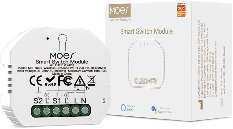 WiFi RF433 Smart Alexa LED Light Switch Module, Wireless Remote Control 1 Way or 2 Way Multi-Control, Compatible with Smart Life Tuya App Alexa and Google Home, 2 Gang Only Support WiFi 2.4Ghz