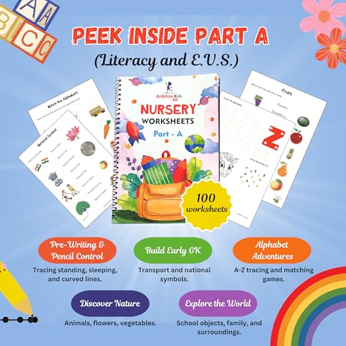 Image of Ambition Kids Preschool Nursery Worksheets Part A & B | 150+ Pages Activity Book for Kids 3+ Years | Pre-Writing, Numbers, ABCD, GK & Tracing Practice
