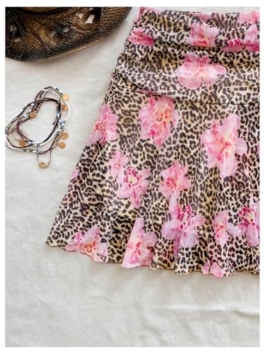 SOLY HUX Women's Leopard Floral Mesh Mini Skirt Y2k Ruched A Line Flared Summer Skirts4