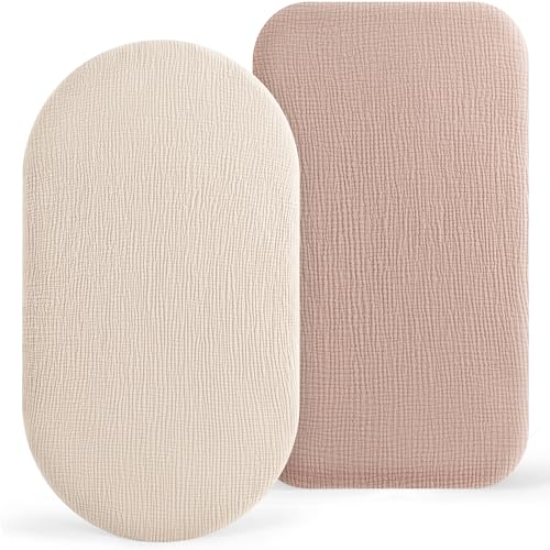 Image of Bearmoss Bassinet Sheets - 2 Pack Muslin Cotton Bassinet Sheets Fits Oval and Rectangle Bassinet Mattress, Breathable and Skin-Friendly for Baby Boy and Girl (Cream&Sand)