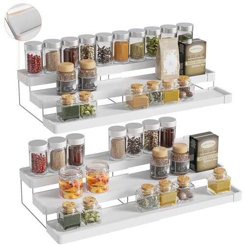 2 Pack Expandable Spice Rack Organizer for Cabinet – 3 Tier Adjustable Cabinet Spice Organizer Easy Visibility – Spice Organizer for Cabinet Countertop Cupboard Pantry Organization (White)
