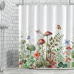 Cortinas De Baño Color Rojo Ttincceer 152x183 cm Cortina de Ducha de Setas Planta Salvaje Hongo Rojo Hoja Verde Cortina de baño Colorida Mariposa Acuarela Flor botánica Cortinas de Ducha Impermeable bañera Cortina