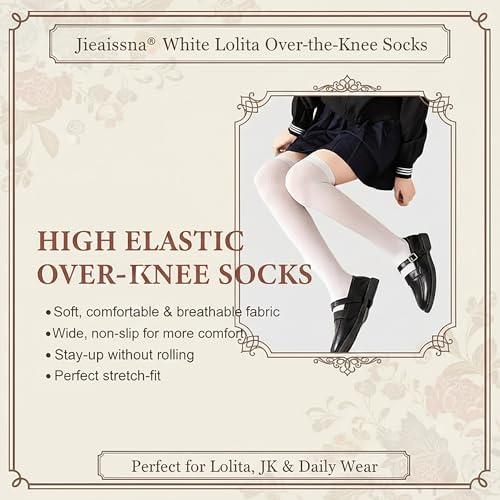 Image of Women's White Thigh High Socks - Opaque Over the Knee High Stockings with Anti-Slip Silicone Band, Soft Velvet Elastic Long Socks for Lolita, Cosplay & Daily Wear