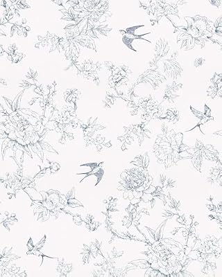 Simon&Siff Blue and White Wallpaper Peel and Stick Vintage Floral Birds Contact Paper Removable Self Adhesive Wall Paper Renter Friendly for Bedroom Cabinets DIY Decor 120" x 17.3"