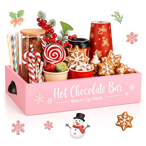 Soaoo Christmas Coffee Station Organizer Wood Storage Box with Handle Coffee Bar Organizer Pod Holder for Countertop Decorative Xmas Storage Bins Bar Accessories (Pink)