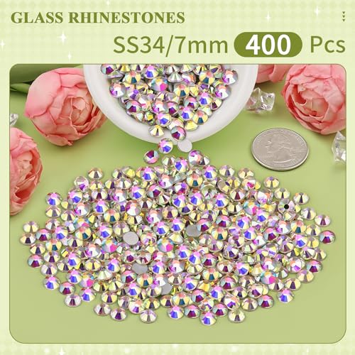 Image of 400PCS SS34 /7mm Crystal Glass Rhinestones for Bedazzling (Crystal AB) | Flatback Rhinestones for Crafting DIY Crafts Nail Art Makeup Decoration, Gems Diamond Charms for Tumbler Shoes Clothing Mug