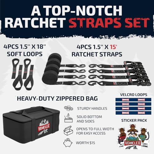 Image of Vehiclex 1.5 inch x 8' Motorcycle Ratchet Tie Down Straps, 4 Pack, Black | 4,400 lbs Break Strength, Full Bend S Hooks with Safety Clips, Soft Loops, for Powersports