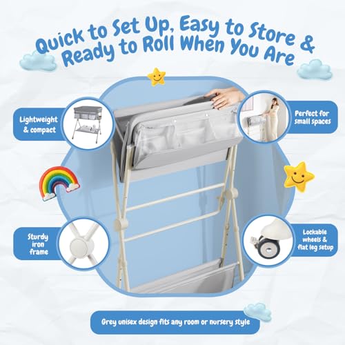 BABY SKYE Diaper Changing Table Portable with Wheels Foldable Diaper Station Organizer & Storage Rack Newborn and Baby (Light Grey)