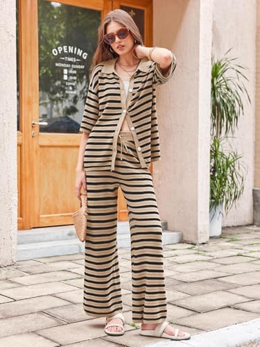 Tankaneo Womens Knit 2 Piece Lounge Sets Striped Short Sleeve Tops and Wide Leg Pants Travel Airport Vacation Outfits2