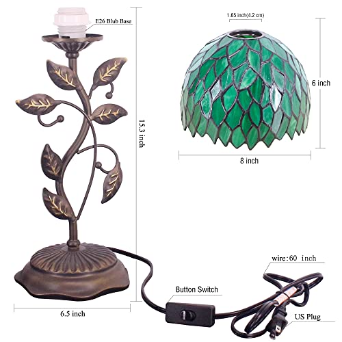 Rhlamps Small Tiffany Lamp W8H19 Inch Green Wisteria Style Mini Stained Glass Table Lamp Bronze Metal Leaf Base Desk Torchiere Uplight Decor Living Room Bedroom #TOP2