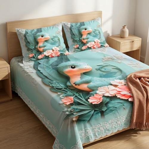 Image of Dinosaur 7D Printed Bedsheet for Double Bed | Glace Cotton 7D Digital Print | 90x100 Inch (228x254 cm) | 1 Bedsheet + 2 Pillow Covers | Soft, Breathable & Vibrant Colour Bedding Set