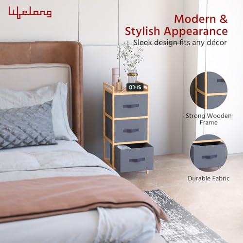 Image of Lifelong 3-Drawer Fabric Storage Organizer with Wooden Frame | Multipurpose Storage Unit for Bedroom, Living Room, Office & Kids' Room | Lightweight Drawers| Foldable Non-Woven Fabric Drawers | Grey