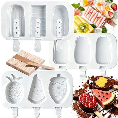 Moules a Glace Silicone, Lot de 3 Moule Cake sans BPA Antiadhésifs Moule Pop Cake Avec Couvercle Silicone, 50 Batonnet