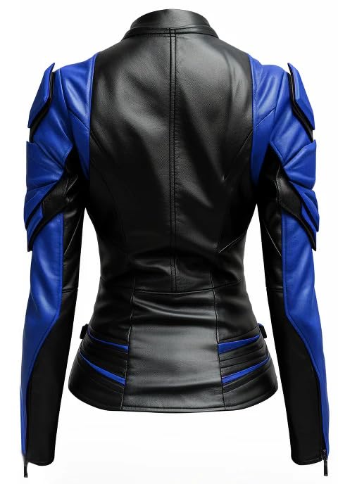 Women AI Generated Design Faux Leather Jacket - Blue and Black Stylish Leather Jacket4