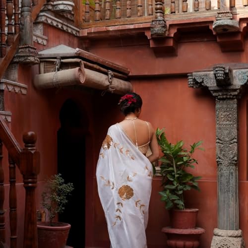 Image of Yashika Women's Organza Satin Butti Work With Zari Lace Border Embroidered Saree| Women Sari