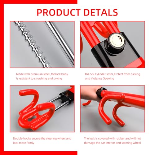 NOEAIKE Steering Wheel Lock - Heavy Duty Anti-Theft Car Device with Double Hooks Design for Enhanced Vehicle Protection,Adjustable Length Locking with 2 Keys Universal Fit(RED)