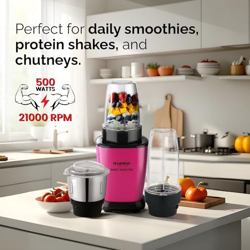 Image of Lesco 500W Mixer Grinder Blender Smoothie Maker with 3 Stainless Steel Jars and Copper Motor, 2 Years Warranty 21000 RPM Fine Grind in 20 secs, Baby Booster, Pink