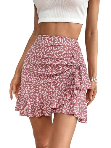 EARKOHA 2025 Skirts for Women Ditsy Floral Print Drawstring Ruffle Hem Skirt Pink L