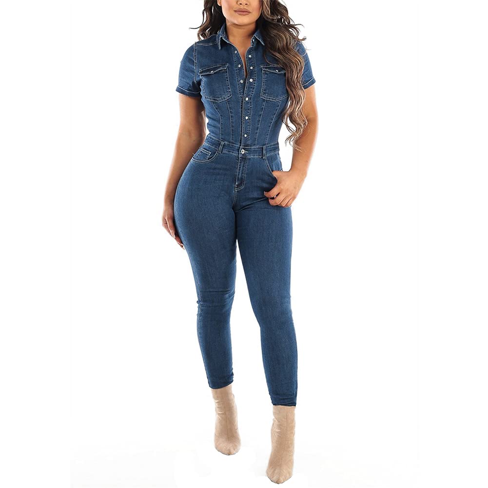 YAOTT Verano Mono De Una Pieza De Manga Corta Mujer Sexy Largos Jumpsuit Señoras Peto Vaquero Slim Fit Overoles de Mezclilla Pantalones Vaqueros Elegante Stretch Skinny Jeans Denim Petos de Pantalon