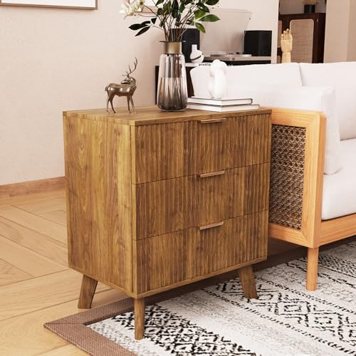 Image of affeivul Mid Century Modern Dresser, 3 Drawer Dresser for Bedroom Wood, Small Nightstand with Drawers and Solid Wood Legs, Tall Nightstand with Drawers for Living Room, Closet, Nursery (Walnut)