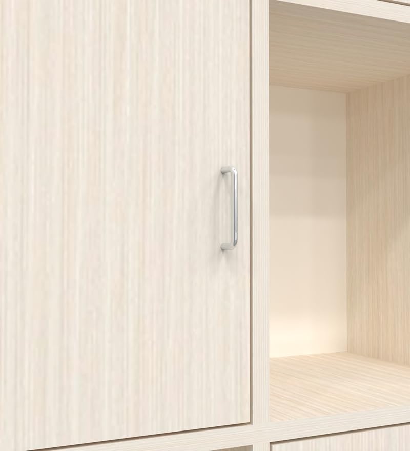 Image of SPECIALITY PANELS 8 Door Bookshelf with 4 Shutters and 4 Open Compartments, Light Wood Finish, 69x29x14 Inch Storage Unit