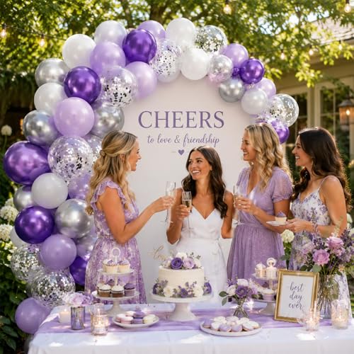 Image of Purple and Silver Balloons 60PCS Pastel Purple Balloons, 12 Inch Metallic Silver Confetti and White Latex Balloon for Girls Women Birthday Wedding Baby Shower Bridal Shower Graduation Party Decor