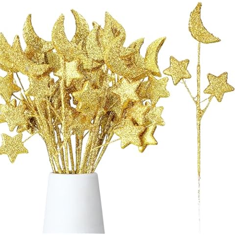 Wavwavw 24 Pcs Moon Star Floral Picks Gold Glitter Moon Star Pick Ramadan Floral Picks Foam Twinkle Moon and Star Stem for Vase Table Decoration Wedding Birthday 4th of July Party, 12.2 Inch Cover