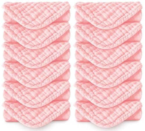 Image of Spotted Play Muslin Burp Cloths 100% Cotton Large 20''x10'' Extra Soft and Absorbent Baby Wash Cloths Spit Up Rags - Baby Burping Cloth for Boys Girls Items(12 Pack Pink)