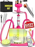 Hookah Set with Everything - Pink Hookah 2 Hose Hookah Set - YADO Square Hookah To Go with Hooka Charcoal Holder and Big Silicone Pink Hooka Bowl and Bag for Shisha Hooka Set