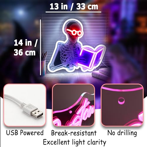 Image of Purple&White Neon Sign Led Neon Lights Signs for Wall Decor USB Powered Led Signs for Room Decoration-Skeleton Read Book