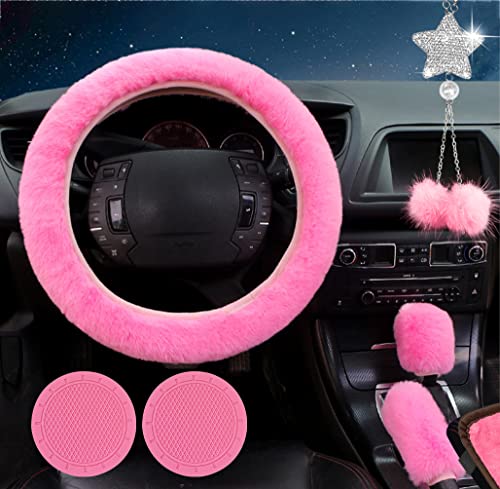 Jingsen 9 Pieces Fluffy Car Accessories Set Fluffy Steering Wheel Covers For Women Soft Fleece Handbrake Cover Shift Cover Bling Mirror Car Trim Fuzz Warm Non-Slip Car Decoration Short Hair (Pink 9) #TOP1