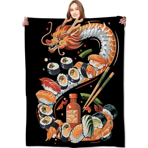 VODRM Manta de dragón de sushi, manta de cocina japonesa, regalos de cumpleaños para niños, niñas y mujeres, forro polar suave y ligero, amantes de la comida dulce, sofá, cama, habitación, decoración