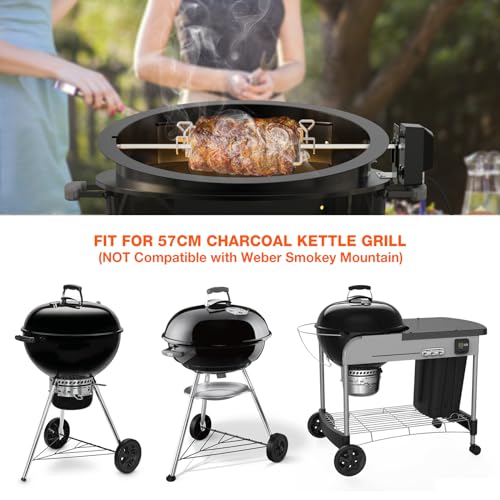 onlyfire PizzaRing Rotisserie Set für Weber 57 cm Kettle Holzkohlegrill, Grillspieß Set Drehspieß mit Motor, 38cm Pizzastein, Holzkohle-Ring, Pizzaeinsatz